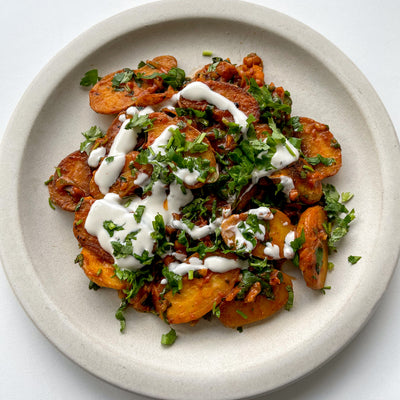 Spicy Potatoes with a Tahini Yogurt drizzle